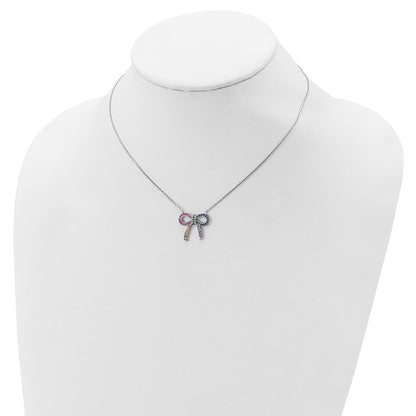 Sterling Silver Prizma Rhodium-Plated 16 Inch Colorful Cz Bow Necklace With 2 Extender