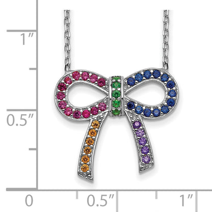 Sterling Silver Prizma Rhodium-Plated 16 Inch Colorful Cz Bow Necklace With 2 Extender