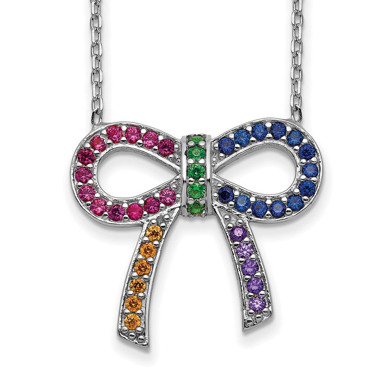 Sterling Silver Prizma Rhodium-Plated 16 Inch Colorful Cz Bow Necklace With 2 Extender