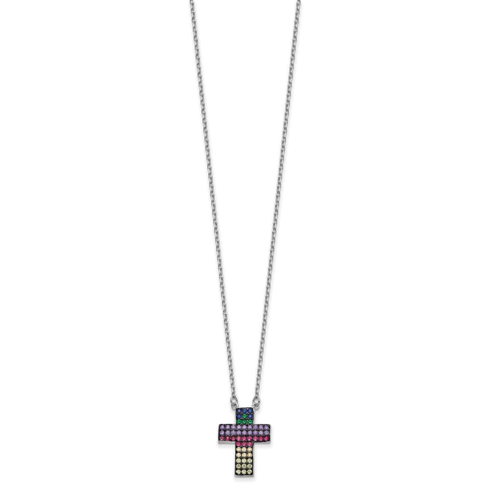 Sterling Silver Prizma Rhodium-Plated 16 Inch Colorful Cz Cross Necklace With 2 Extender