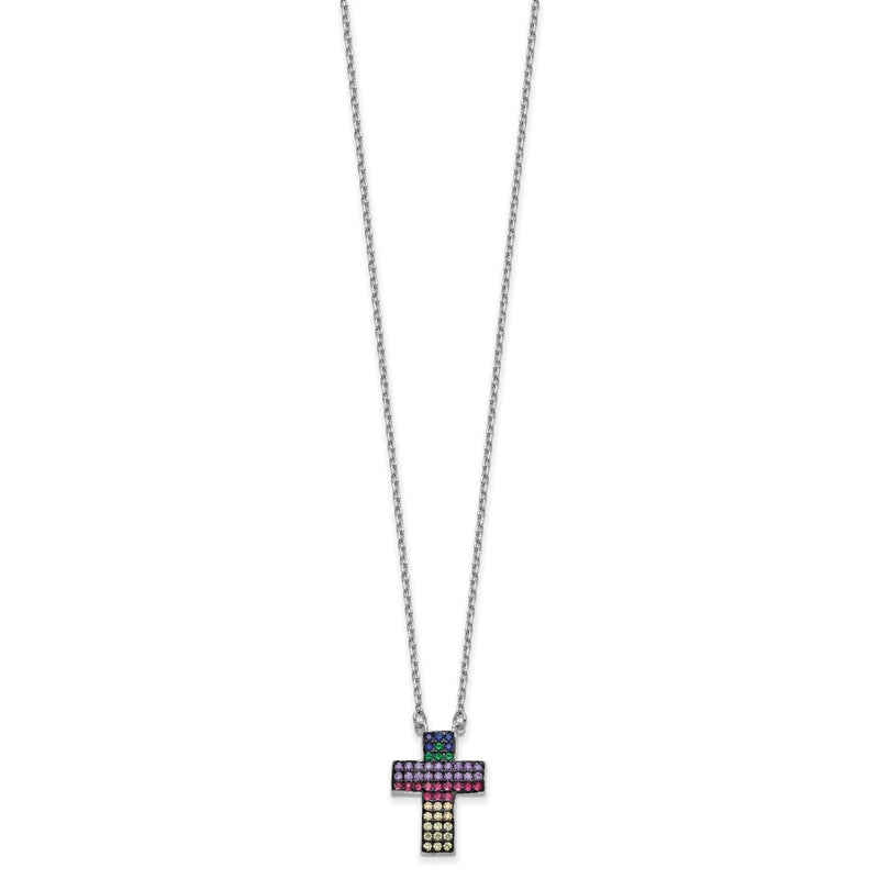 Sterling Silver Prizma Rhodium-Plated 16 Inch Colorful Cz Cross Necklace With 2 Extender