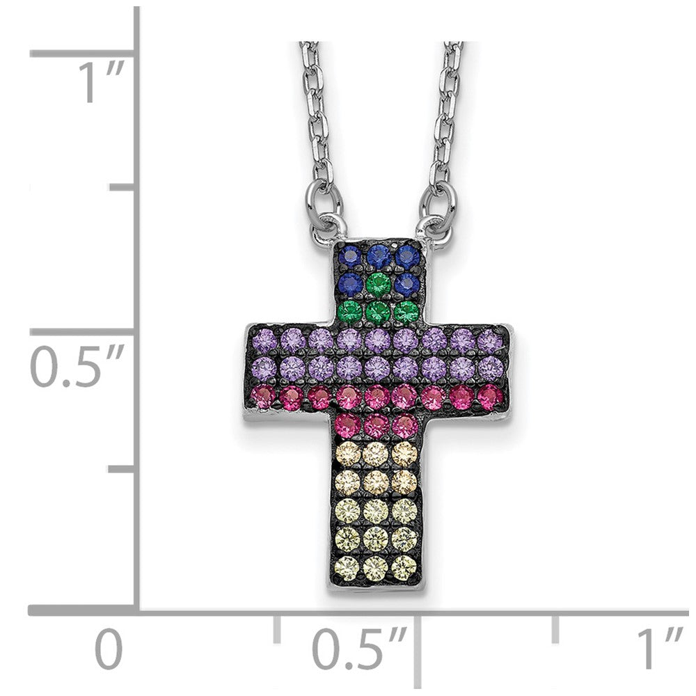 Sterling Silver Prizma Rhodium-Plated 16 Inch Colorful Cz Cross Necklace With 2 Extender