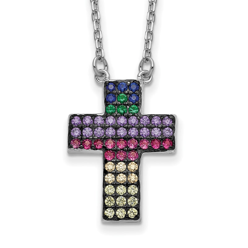 Sterling Silver Prizma Rhodium-Plated 16 Inch Colorful Cz Cross Necklace With 2 Extender