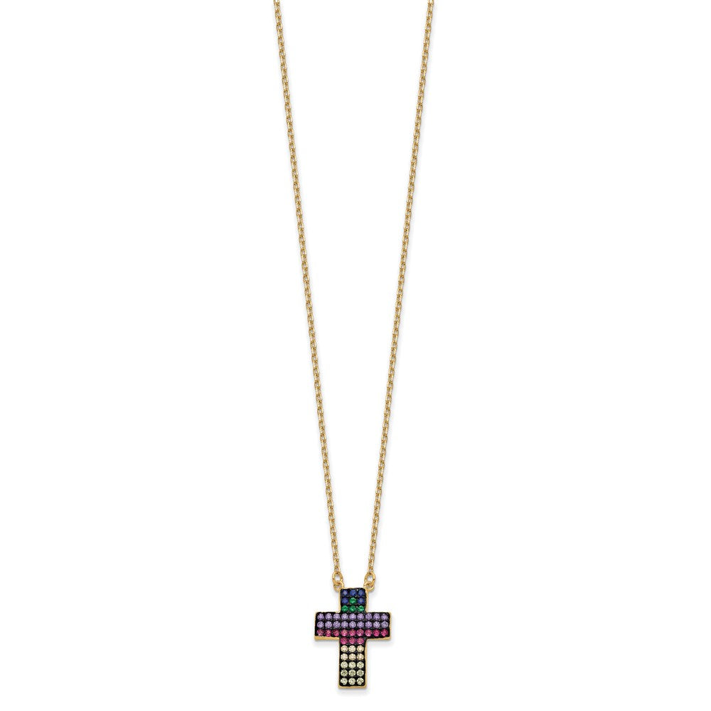 Sterling Silver Prizma Gold-Tone 14K Flash Gold-Plated 16 Inch Colorful Cz Cross Necklace With 2 Extender