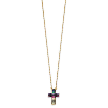 Sterling Silver Prizma Gold-Tone 14K Flash Gold-Plated 16 Inch Colorful Cz Cross Necklace With 2 Extender