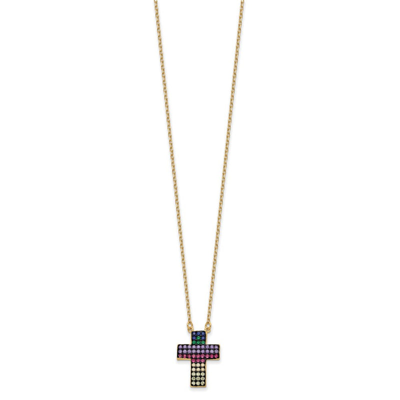 Sterling Silver Prizma Gold-Tone 14K Flash Gold-Plated 16 Inch Colorful Cz Cross Necklace With 2 Extender