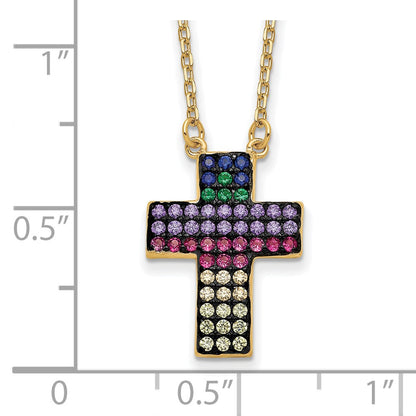 Sterling Silver Prizma Gold-Tone 14K Flash Gold-Plated 16 Inch Colorful Cz Cross Necklace With 2 Extender