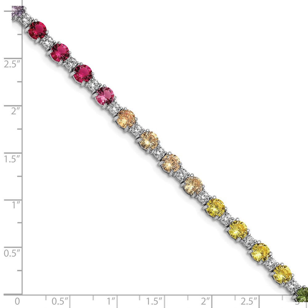 Sterling Silver Prizma Rhodium-Plated 7.5 Inch White And Colorful Round Cz Bracelet