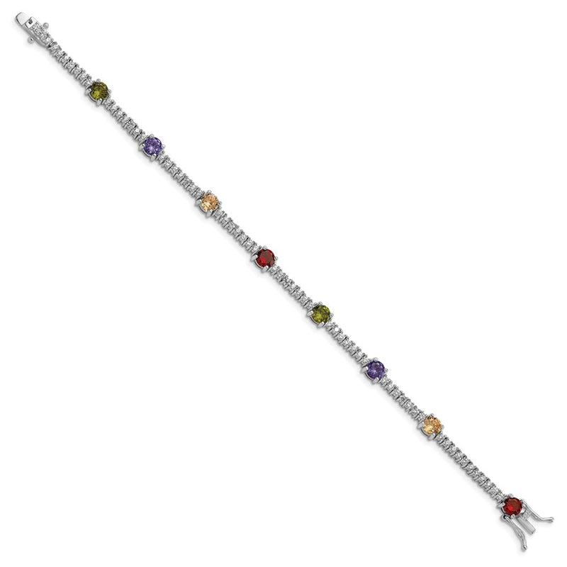 Sterling Silver Prizma Rhodium-Plated 7.5 Inch White And Colorful Round Cz Bracelet