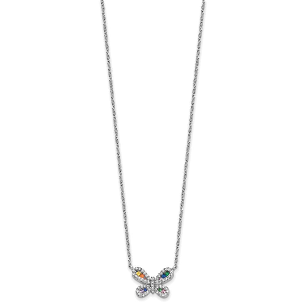 Sterling Silver Prizma Rhodium-Plated 16 Inch Colorful Cz Butterfly Necklace With 2 Extender