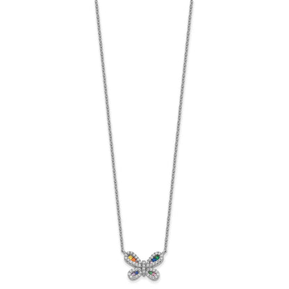 Sterling Silver Prizma Rhodium-Plated 16 Inch Colorful Cz Butterfly Necklace With 2 Extender