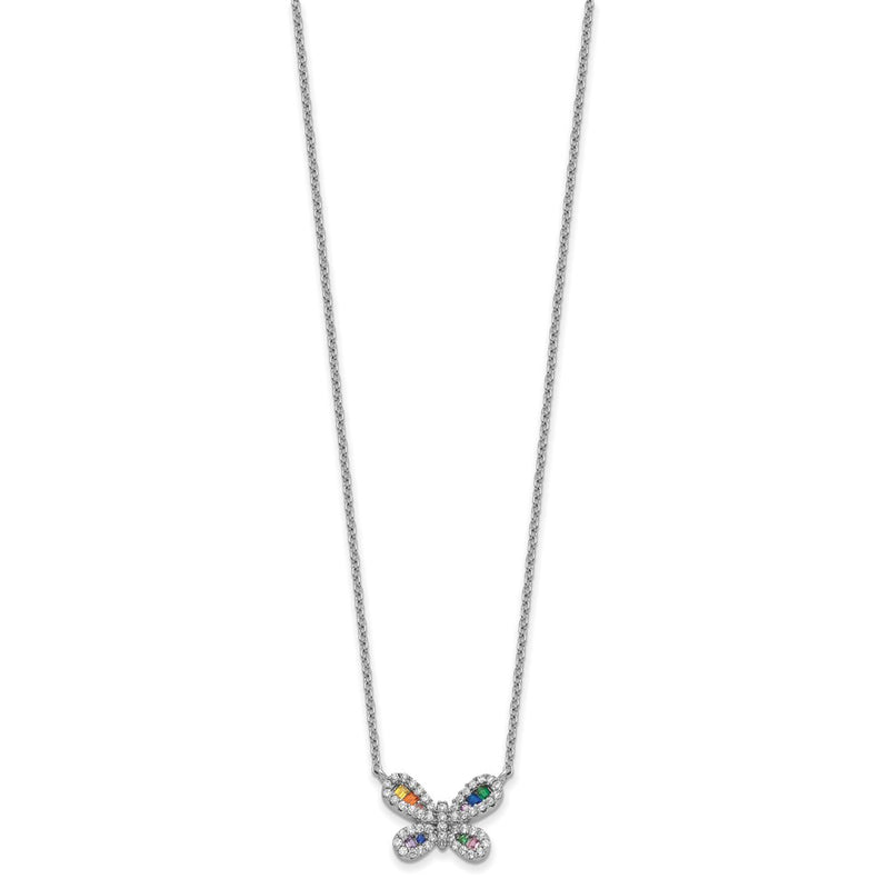 Sterling Silver Prizma Rhodium-Plated 16 Inch Colorful Cz Butterfly Necklace With 2 Extender