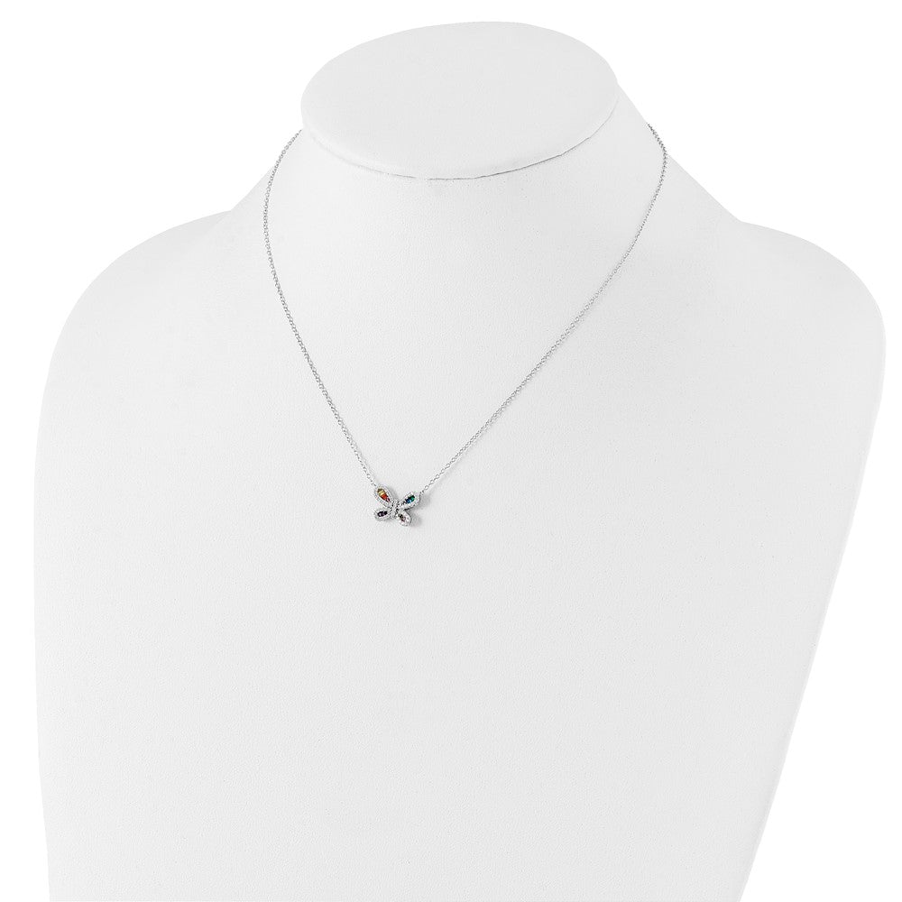 Sterling Silver Prizma Rhodium-Plated 16 Inch Colorful Cz Butterfly Necklace With 2 Extender
