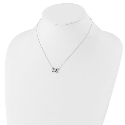 Sterling Silver Prizma Rhodium-Plated 16 Inch Colorful Cz Butterfly Necklace With 2 Extender