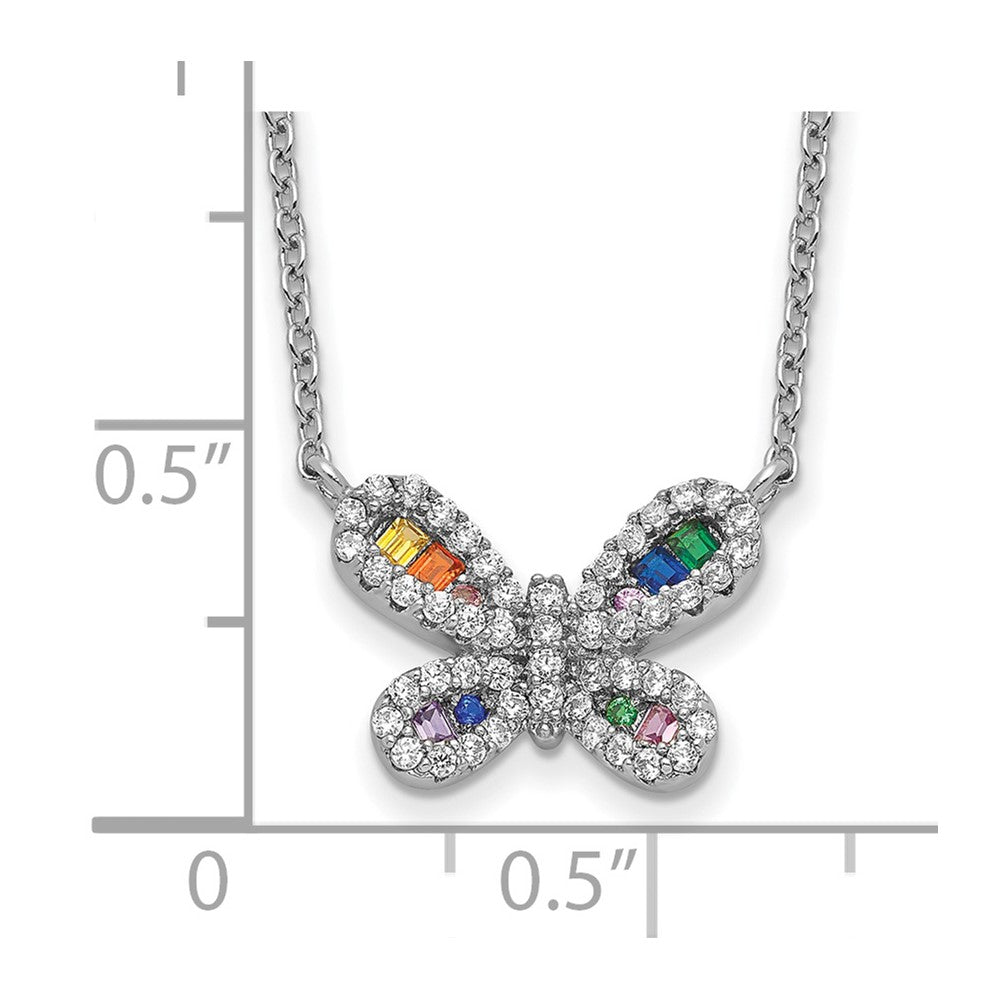 Sterling Silver Prizma Rhodium-Plated 16 Inch Colorful Cz Butterfly Necklace With 2 Extender