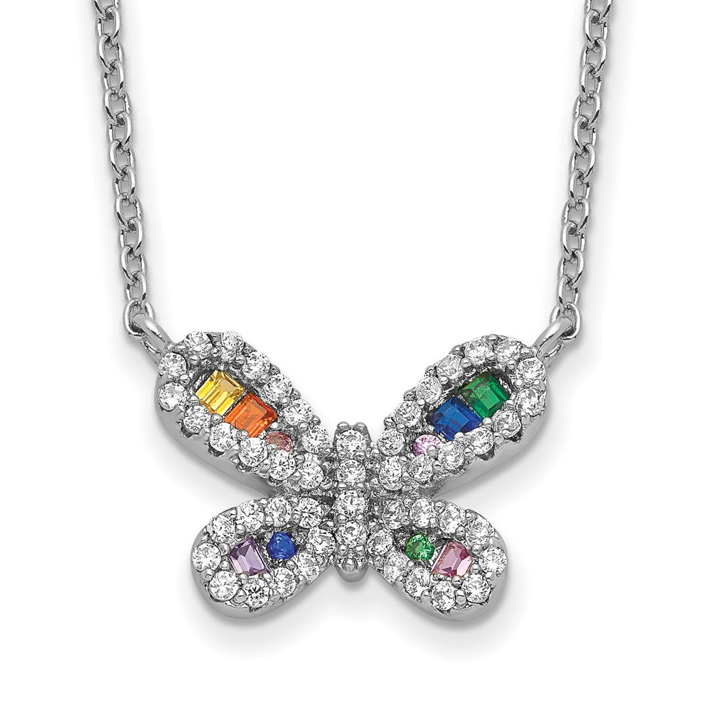Sterling Silver Prizma Rhodium-Plated 16 Inch Colorful Cz Butterfly Necklace With 2 Extender
