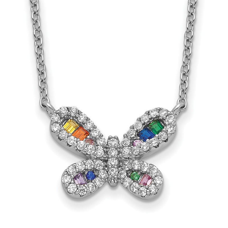 Sterling Silver Prizma Rhodium-Plated 16 Inch Colorful Cz Butterfly Necklace With 2 Extender
