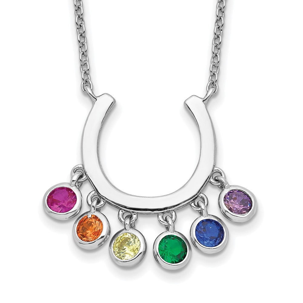 Sterling Silver Prizma Rhodium-Plated 16 Inch Colorful Cz Horseshoe Necklace With 2 Extender