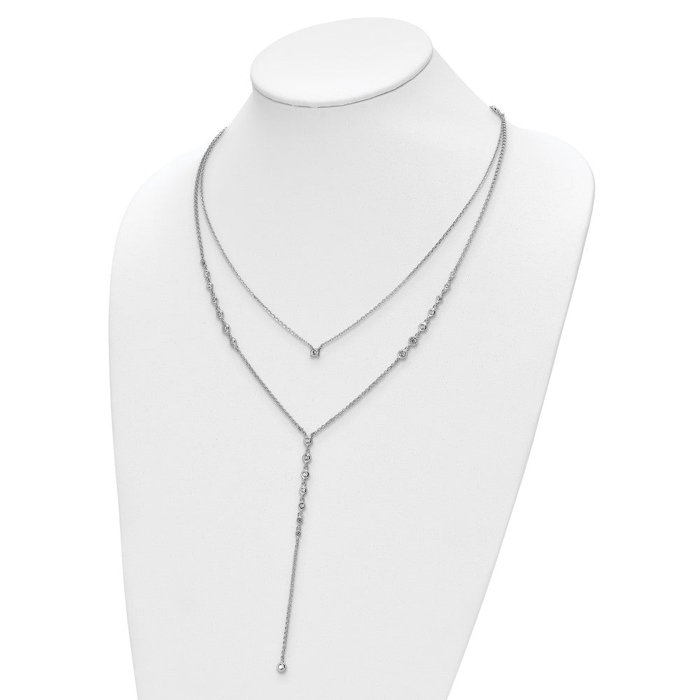 Sterling Silver Shimmer Rhodium-Plated Adjustable Up To 29 Inches 50 Stone Cz 2 Strand Layer Y-Drop Necklace