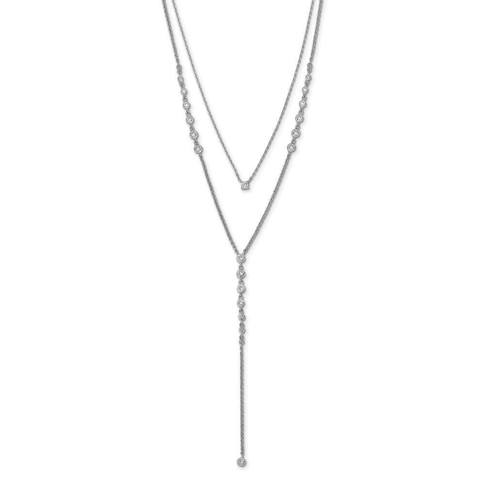 Sterling Silver Shimmer Rhodium-Plated Adjustable Up To 29 Inches 50 Stone Cz 2 Strand Layer Y-Drop Necklace