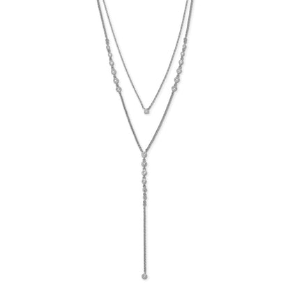 Sterling Silver Shimmer Rhodium-Plated Adjustable Up To 29 Inches 50 Stone Cz 2 Strand Layer Y-Drop Necklace