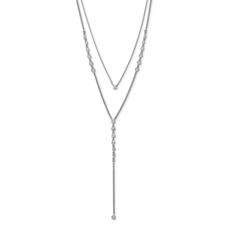 Sterling Silver Shimmer Rhodium-Plated Adjustable Up To 29 Inches 50 Stone Cz 2 Strand Layer Y-Drop Necklace