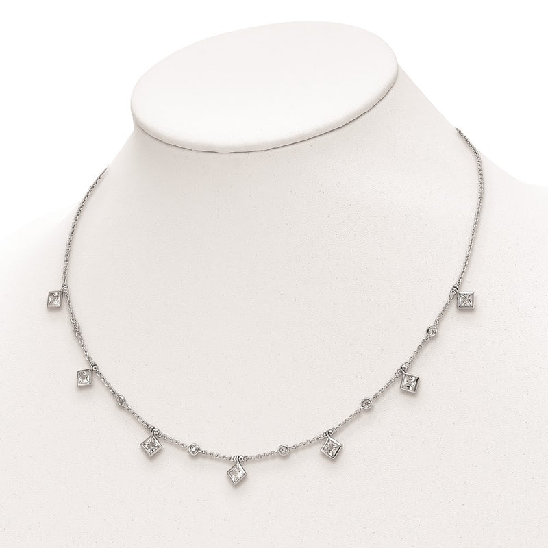 Sterling Silver Shimmer Rhodium-Plated 16 Inch 13 Stone Station Cz Necklace With 2 Extender