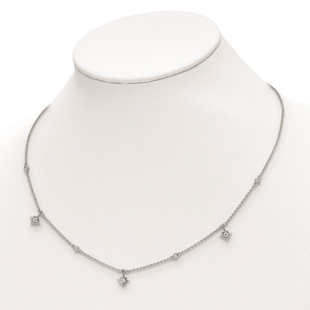 Sterling Silver Shimmer Rhodium-Plated 16 Inch 7 Stone Star Stations Cz Necklace With 2 Extender