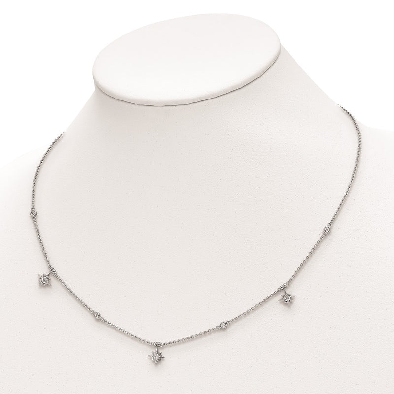 Sterling Silver Shimmer Rhodium-Plated 16 Inch 7 Stone Star Stations Cz Necklace With 2 Extender