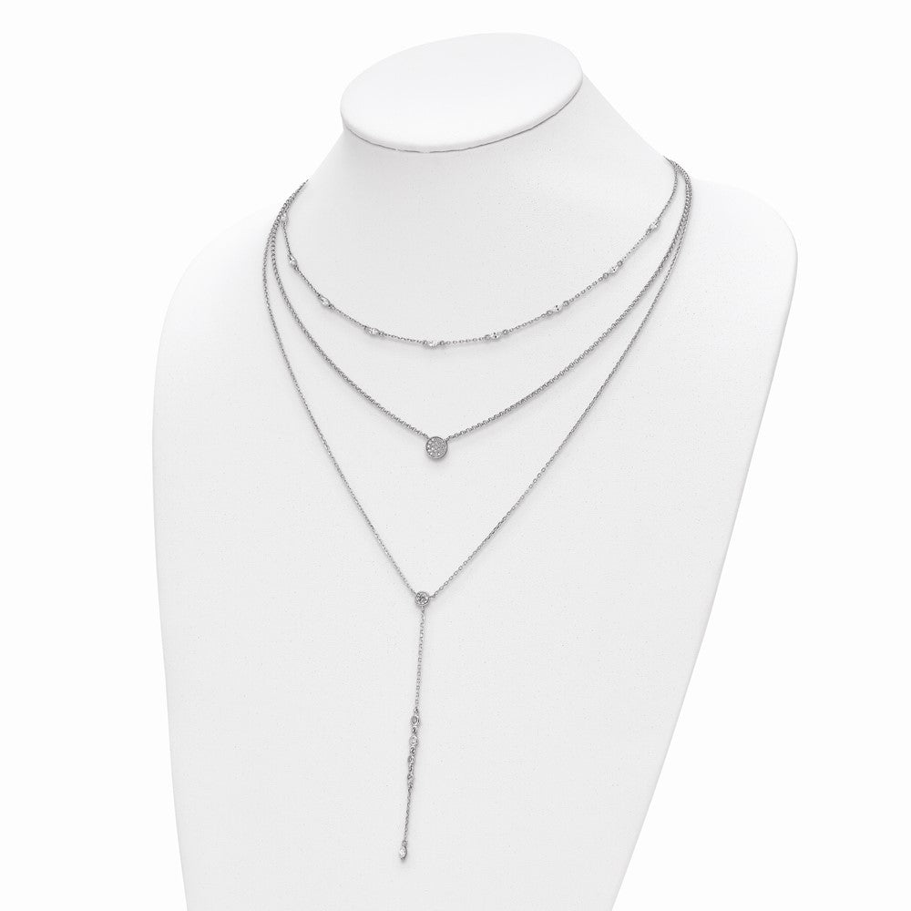 Sterling Silver Shimmer Rhodium-Plated Adjustable Up To 28 Inches 61 Stone Cz 3 Strand Layer Y-Drop Necklace
