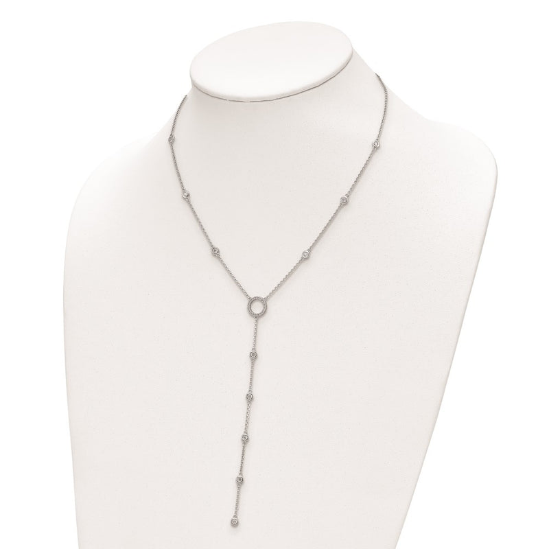 Sterling Silver Shimmer Rhodium-Plated 16 Inch 32 Stone Cz Y-Drop Necklace With 2 Extender