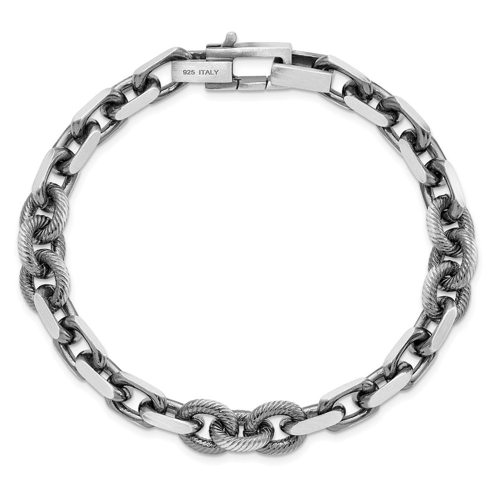 Sterling Silver Mens Antiqued Brushed Cable/Twisted Rolo Chain Bracelet