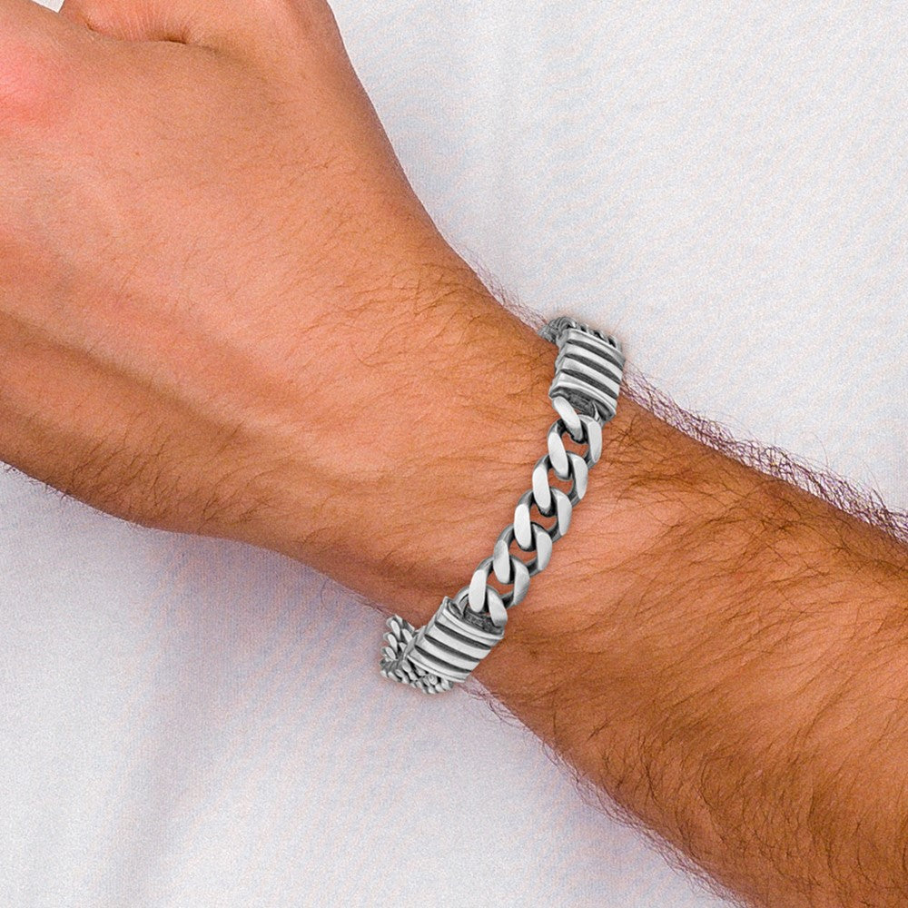 8.5 Inch Sterling Silver Mens Antiqued Brush Double Curb Bracelet