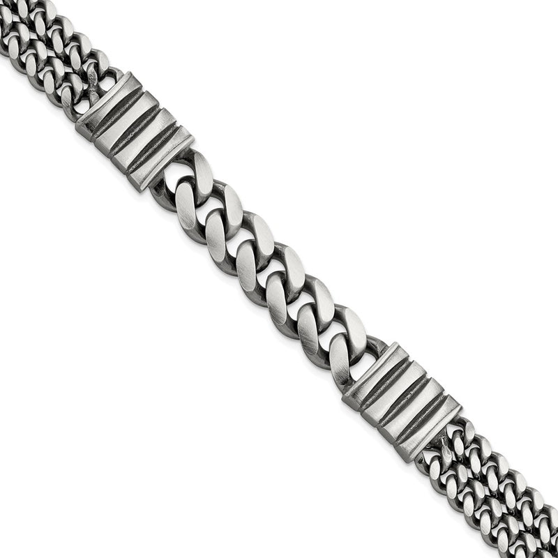 Sterling Silver Mens Antiqued Brush Double Curb Chain Bracelet