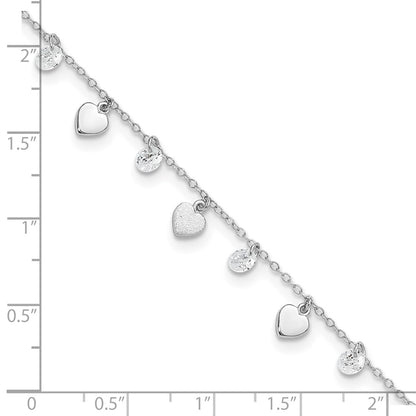 Sterling Silver Rh-Plated Polish And Brushed Heart Cz 8.75In Plus 1Inext An
