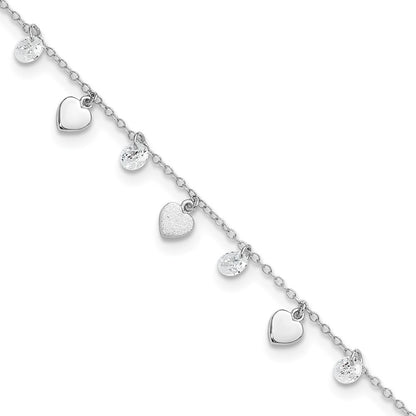 Sterling Silver Rh-Plated Polish And Brushed Heart Cz 8.75In Plus 1Inext An