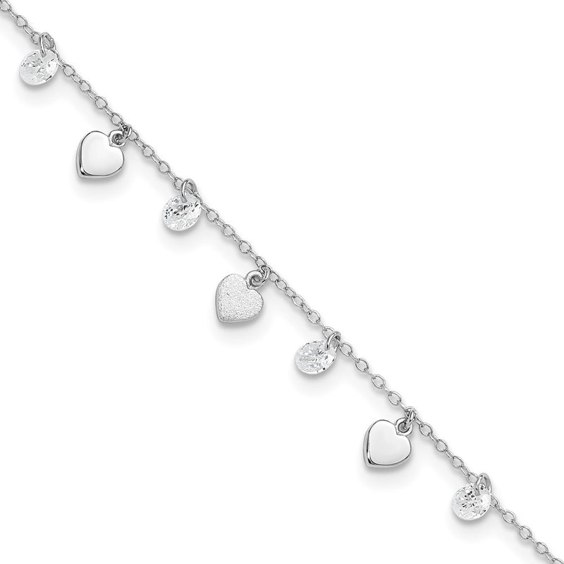 Sterling Silver Rh-Plated Polish And Brushed Heart Cz 8.75In Plus 1Inext An