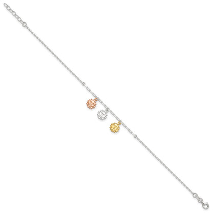 Sterling Silver Rose-Tone And Gold-Tone Suns 9In Plus 1In Ext. Anklet