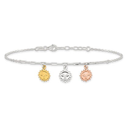 Sterling Silver Rose-Tone And Gold-Tone Suns 9In Plus 1In Ext. Anklet