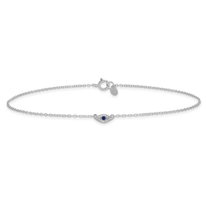 Sterling Silver Rhodium-Plated Polished Blue & White Cz Eye 10In Anklet