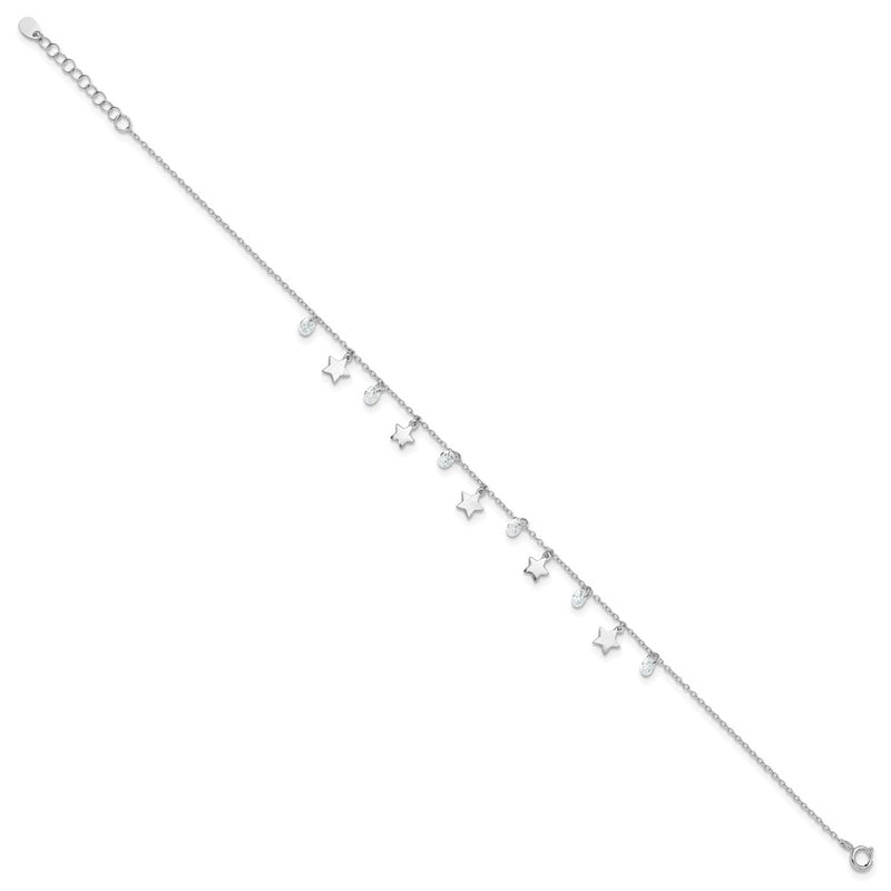 Sterling Silver Rh-Plated Polished And Brushed Star Cz 9In Plus 1In Ext. An