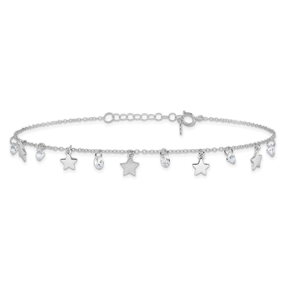 Sterling Silver Rh-Plated Polished And Brushed Star Cz 9In Plus 1In Ext. An
