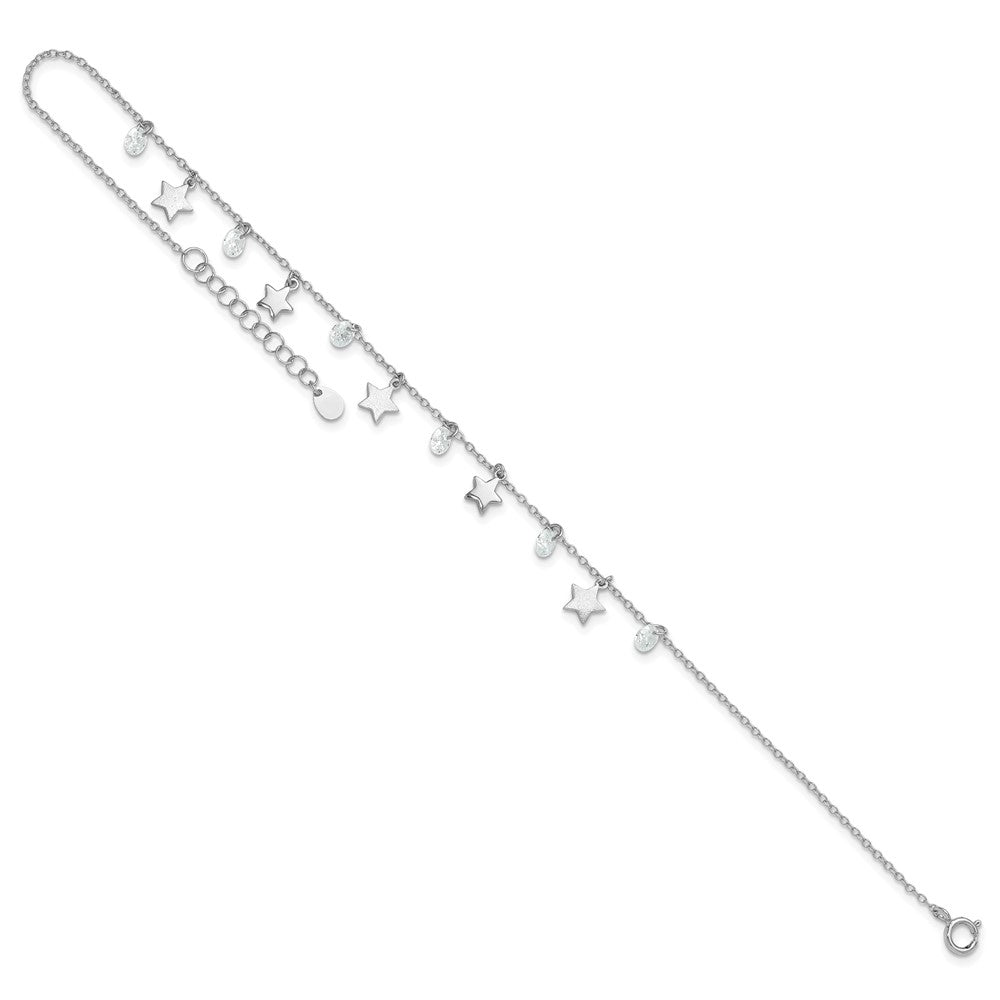 Sterling Silver Rh-Plated Polished And Brushed Star Cz 9In Plus 1In Ext. An