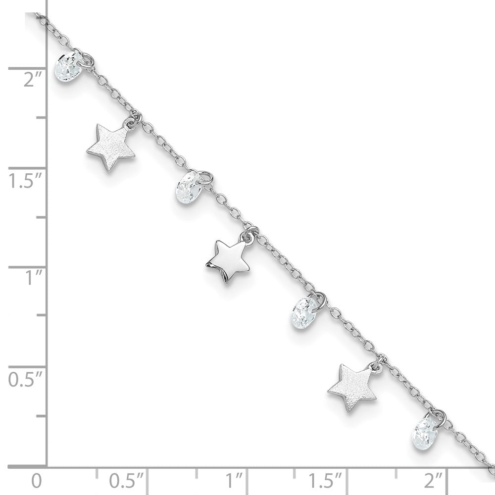 Sterling Silver Rh-Plated Polished And Brushed Star Cz 9In Plus 1In Ext. An