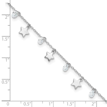Sterling Silver Rh-Plated Polished And Brushed Star Cz 9In Plus 1In Ext. An
