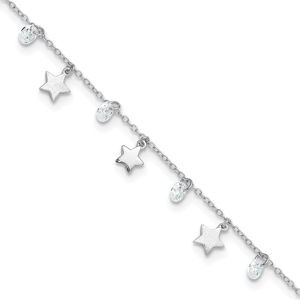 Sterling Silver Rh-Plated Polished And Brushed Star Cz 9In Plus 1In Ext. An
