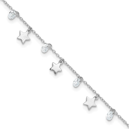 Sterling Silver Rh-Plated Polished And Brushed Star Cz 9In Plus 1In Ext. An