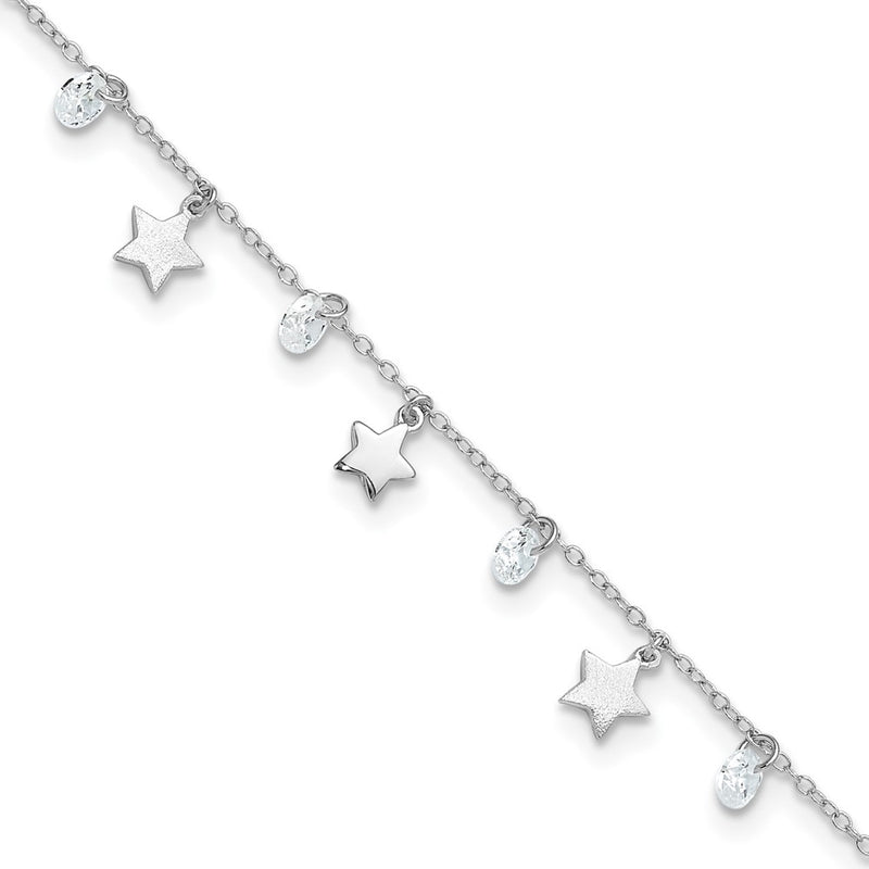 Sterling Silver Rh-Plated Polished And Brushed Star Cz 9In Plus 1In Ext. An