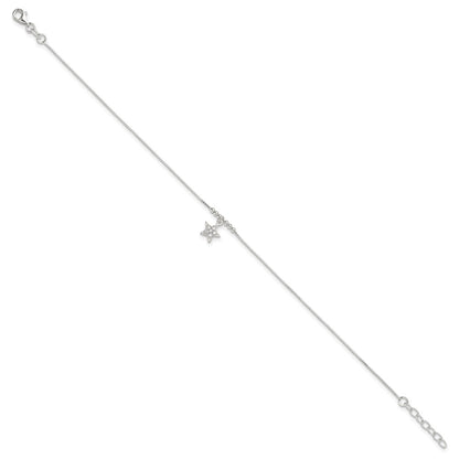 Sterling Silver Cz Star And Beads 9In Plus 1In Ext. Anklet