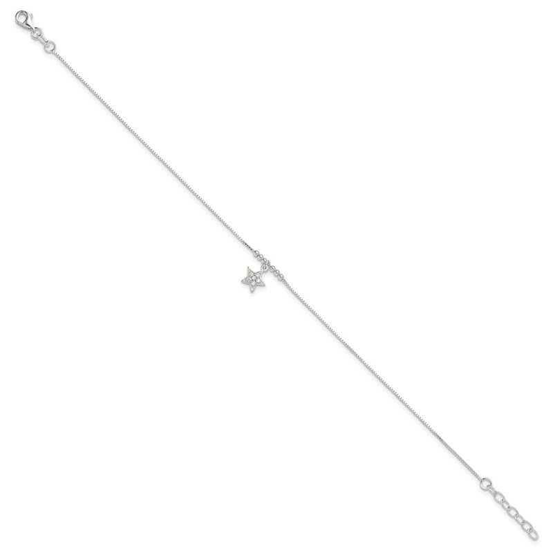 Sterling Silver Cz Star And Beads 9In Plus 1In Ext. Anklet